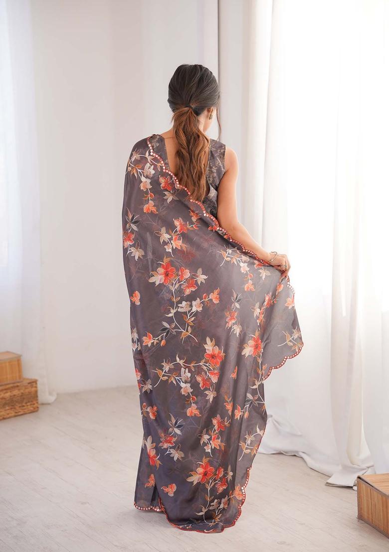 Grey Floral Print Chinon Saree Set - Indya