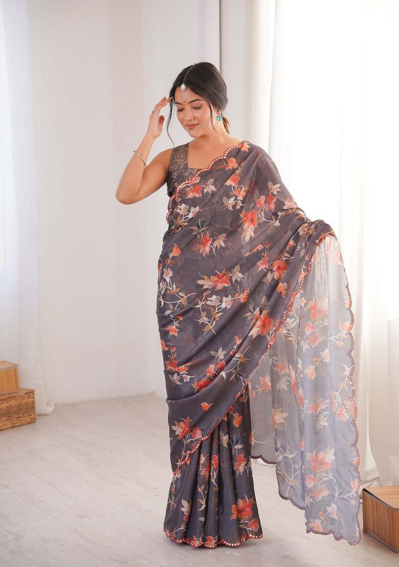 Grey Floral Print Chinon Saree Set - Indya