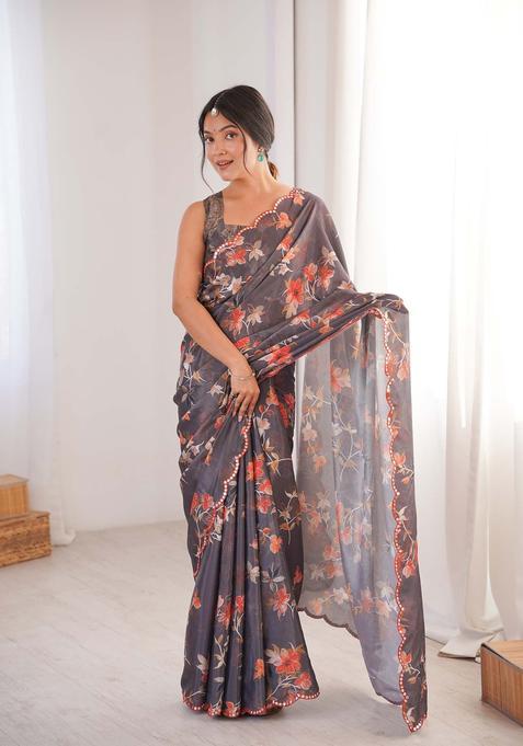 Grey Floral Print Chinon Saree Set