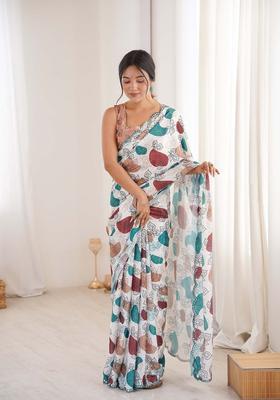 Off White Floral Print Chinon Saree Set