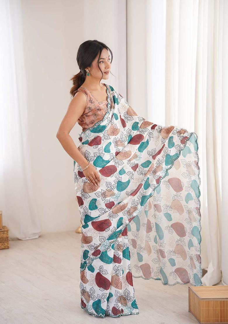 Off White Floral Print Chinon Saree Set - Indya