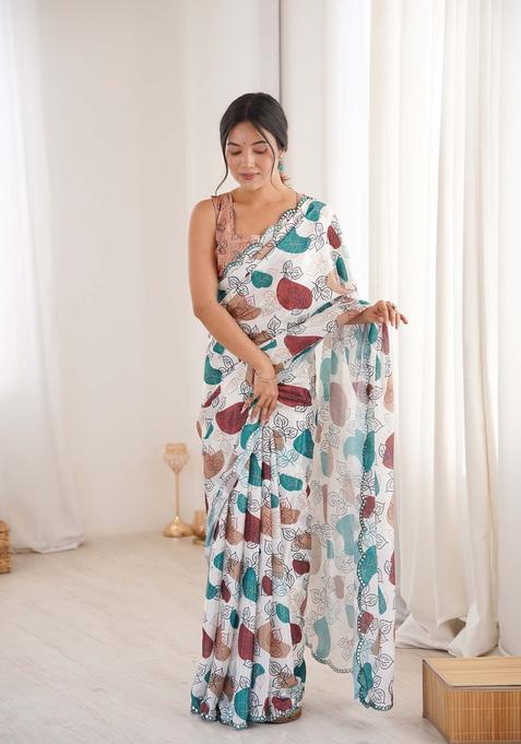 Off White Floral Print Chinon Saree Set