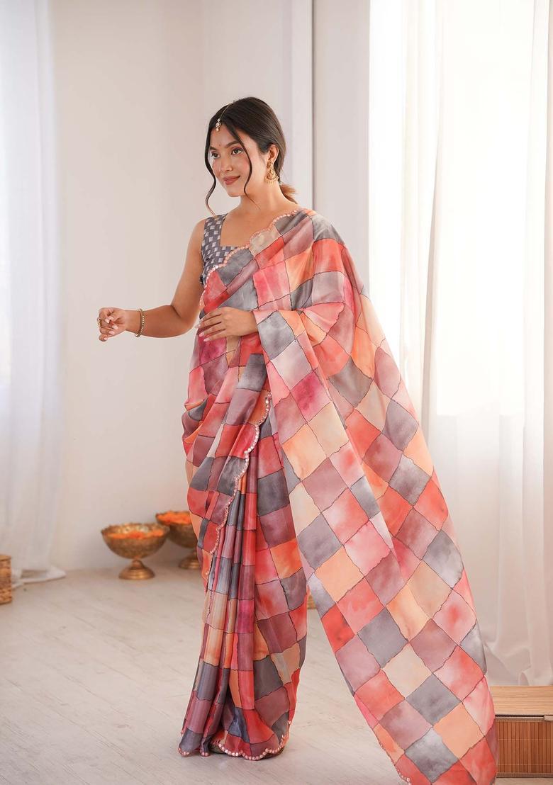 Multicolor Printed Chinon Saree Set - Indya