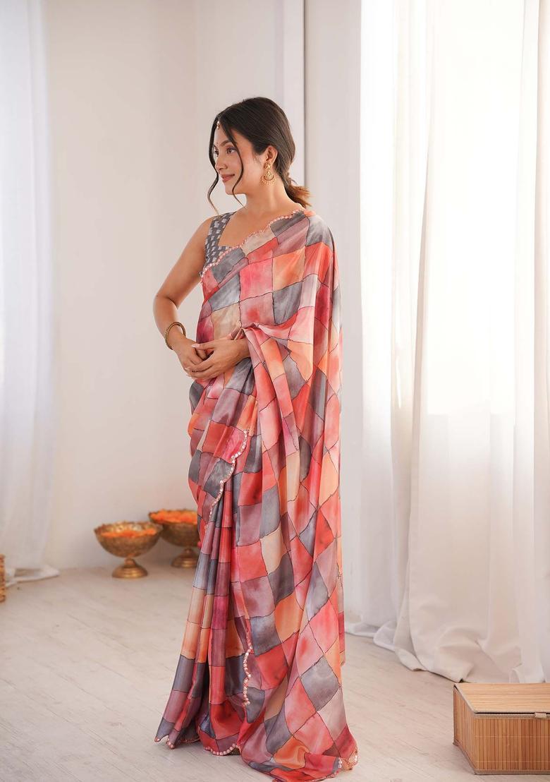 Multicolor Printed Chinon Saree Set - Indya