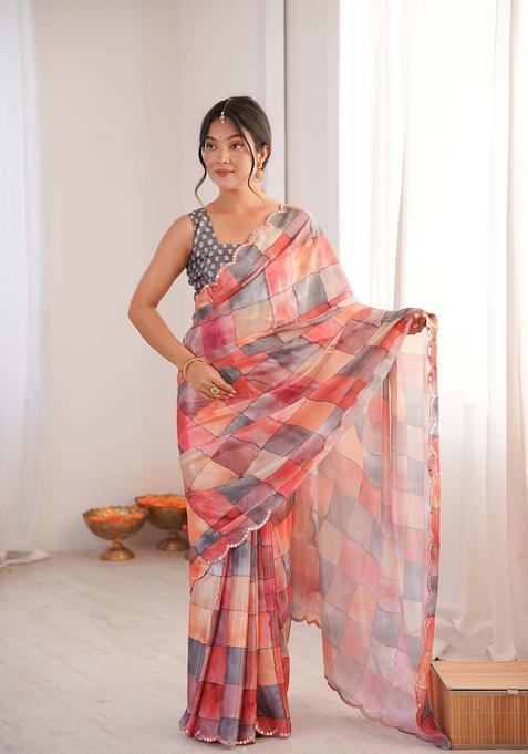 Multicolor Printed Chinon Saree Set