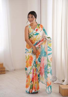 Off White Floral Print Chinon Saree Set