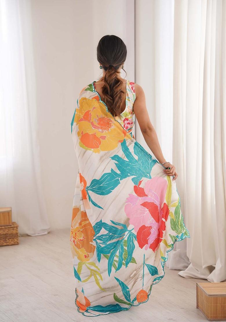 Off White Floral Print Chinon Saree Set - Indya