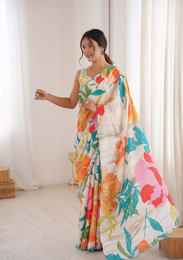 Off White Floral Print Chinon Saree Set - Indya