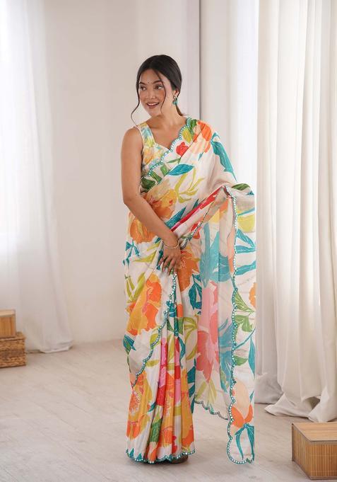 Off White Floral Print Chinon Saree Set
