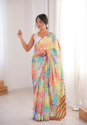 Multicolor Printed Chinon Saree Set