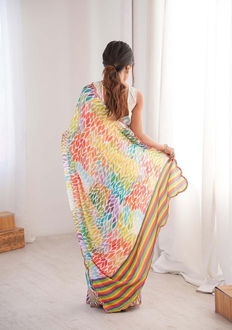 Multicolor Printed Chinon Saree Set - Indya
