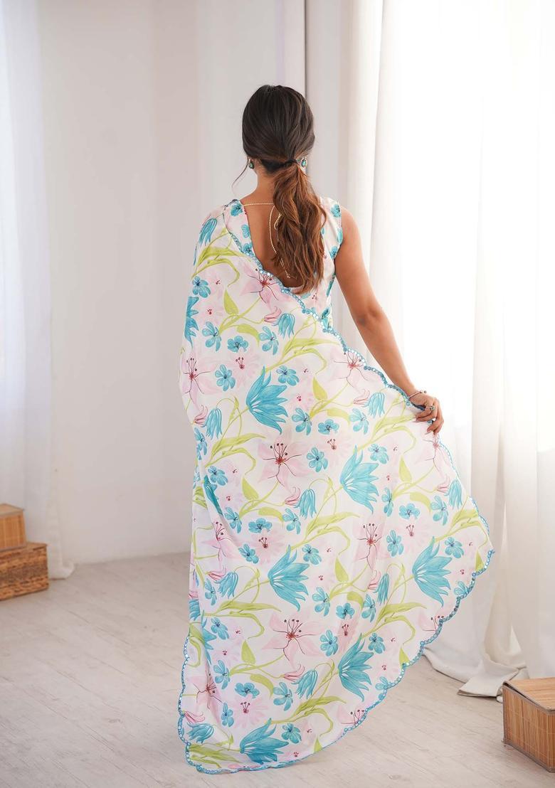 White Floral Print Chinon Saree Set - Indya