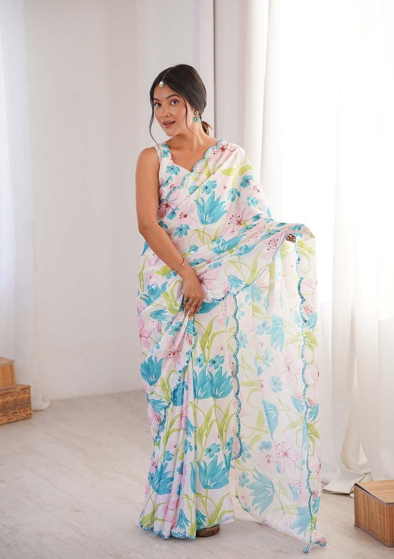 White Floral Print Chinon Saree Set - Indya
