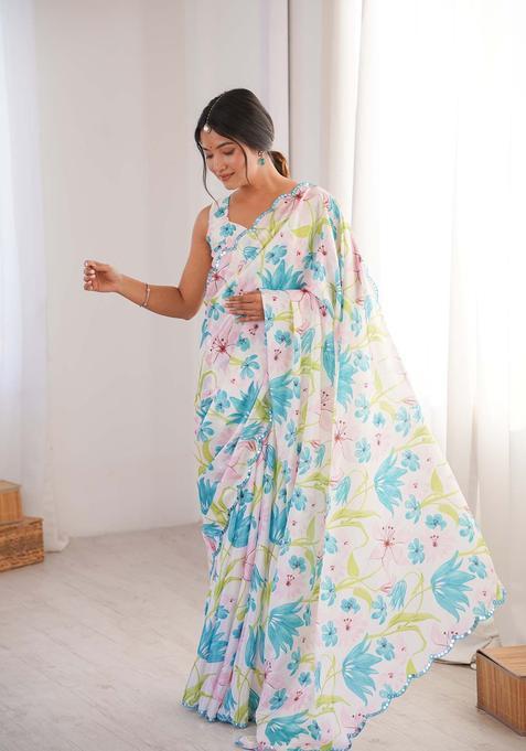 White Floral Print Chinon Saree Set