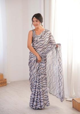 Grey Printed Chinon Saree Set