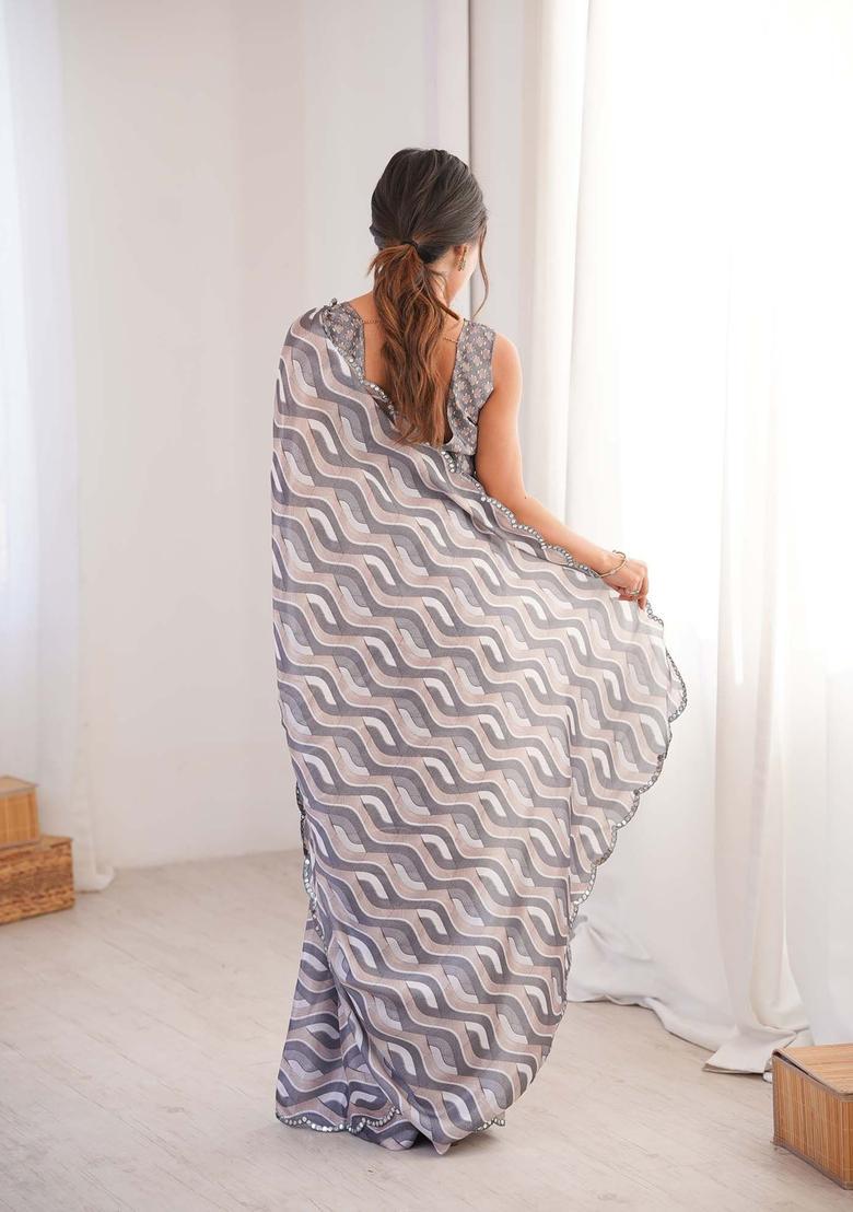 Grey Printed Chinon Saree Set - Indya