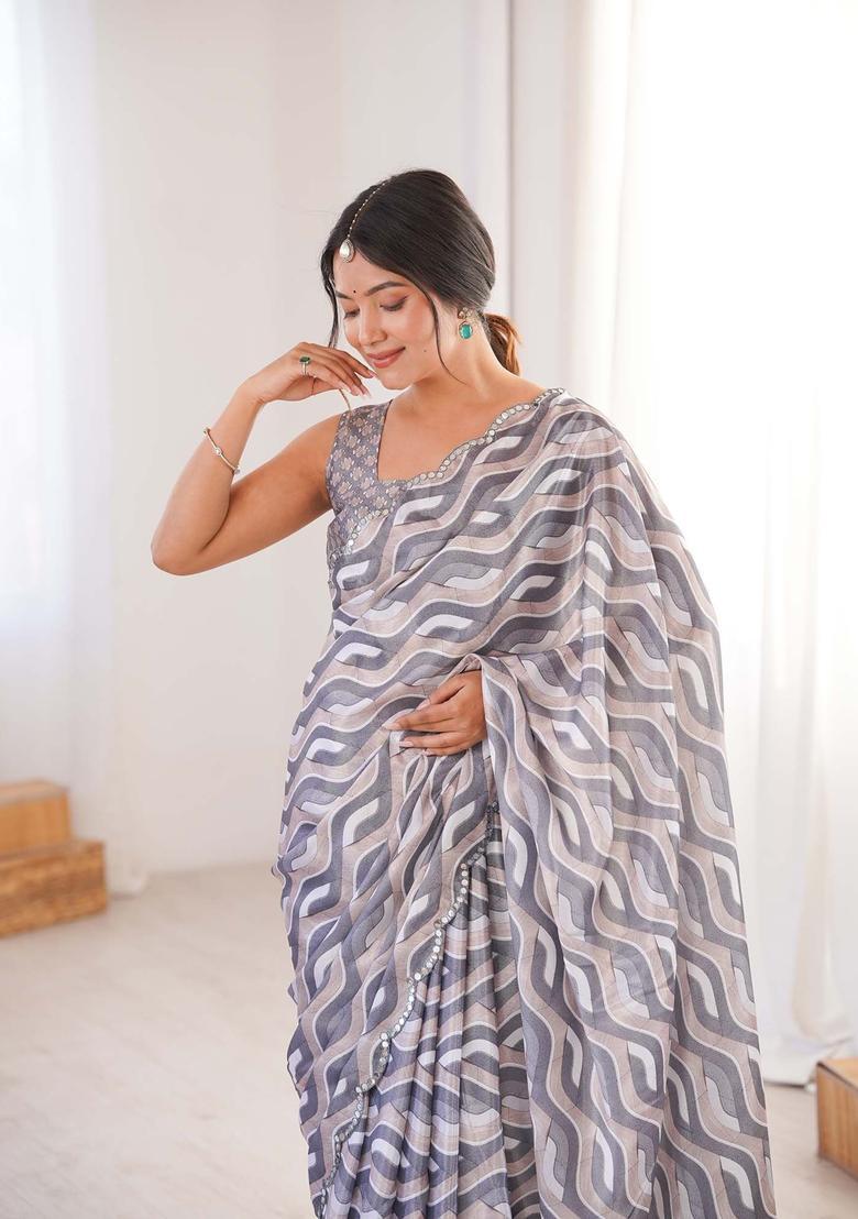 Grey Printed Chinon Saree Set - Indya