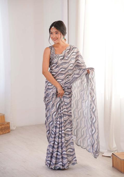 Grey Printed Chinon Saree Set