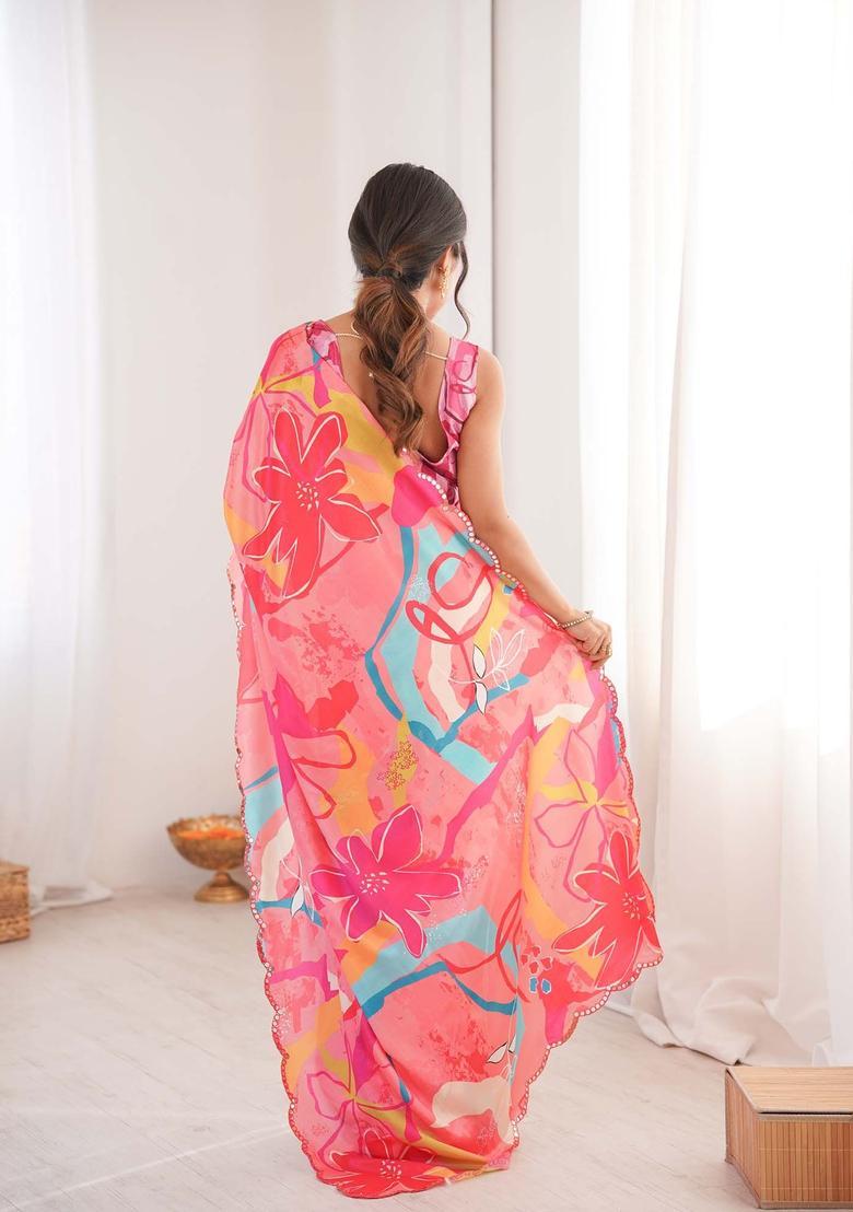 Pink Printed Chinon Saree Set - Indya