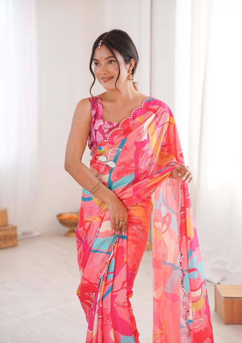 Pink Printed Chinon Saree Set - Indya