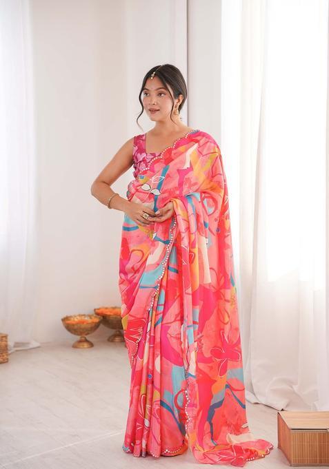 Pink Printed Chinon Saree Set