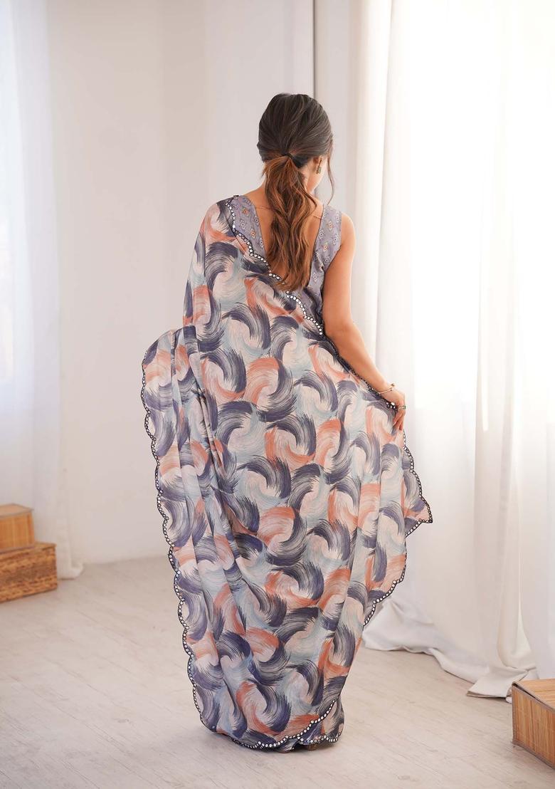 Multicolor Printed Chinon Saree Set - Indya