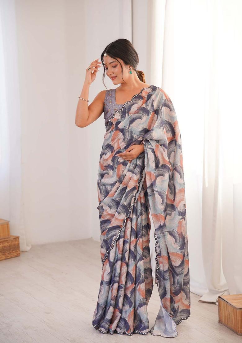 Multicolor Printed Chinon Saree Set - Indya