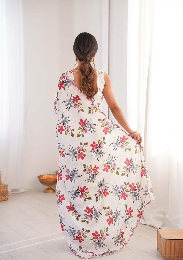 White Floral Print Chinon Saree Set - Indya