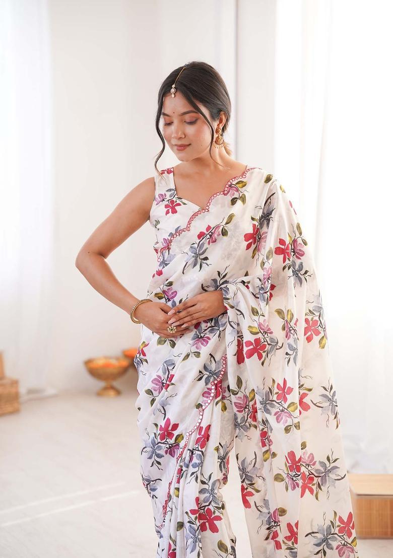 White Floral Print Chinon Saree Set - Indya