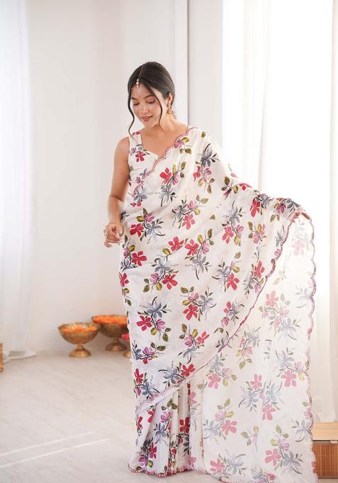 White Floral Print Chinon Saree Set
