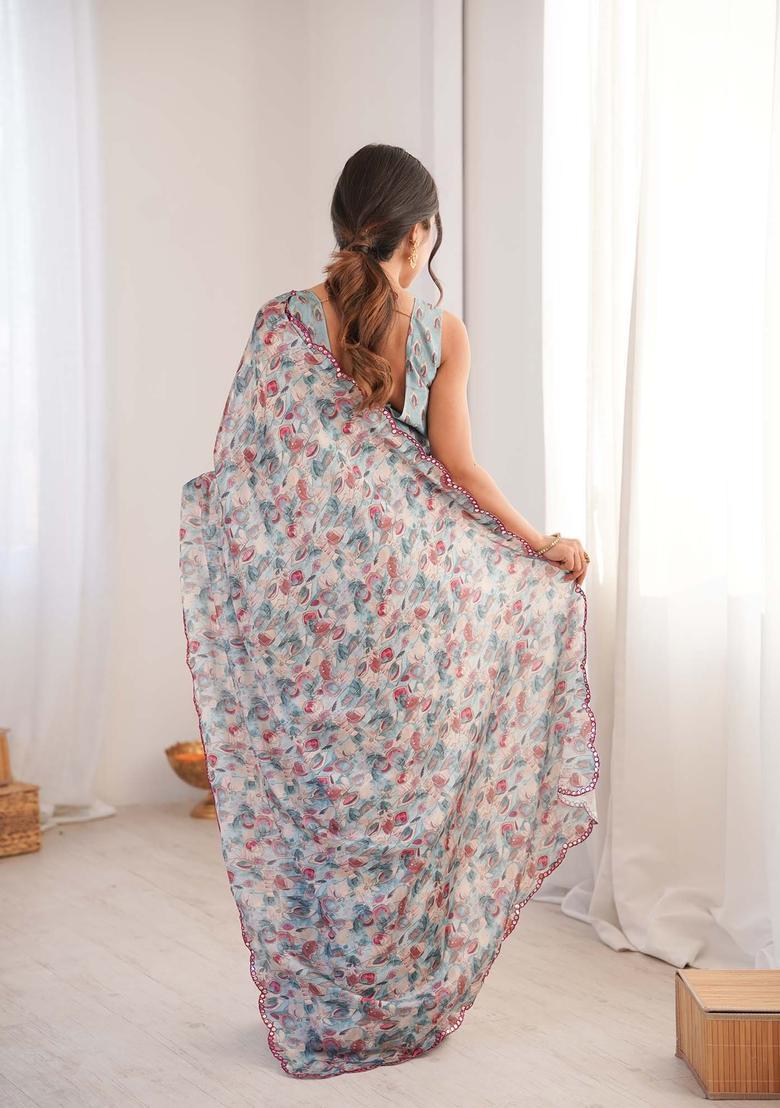 Multicolor Printed Chinon Saree Set - Indya