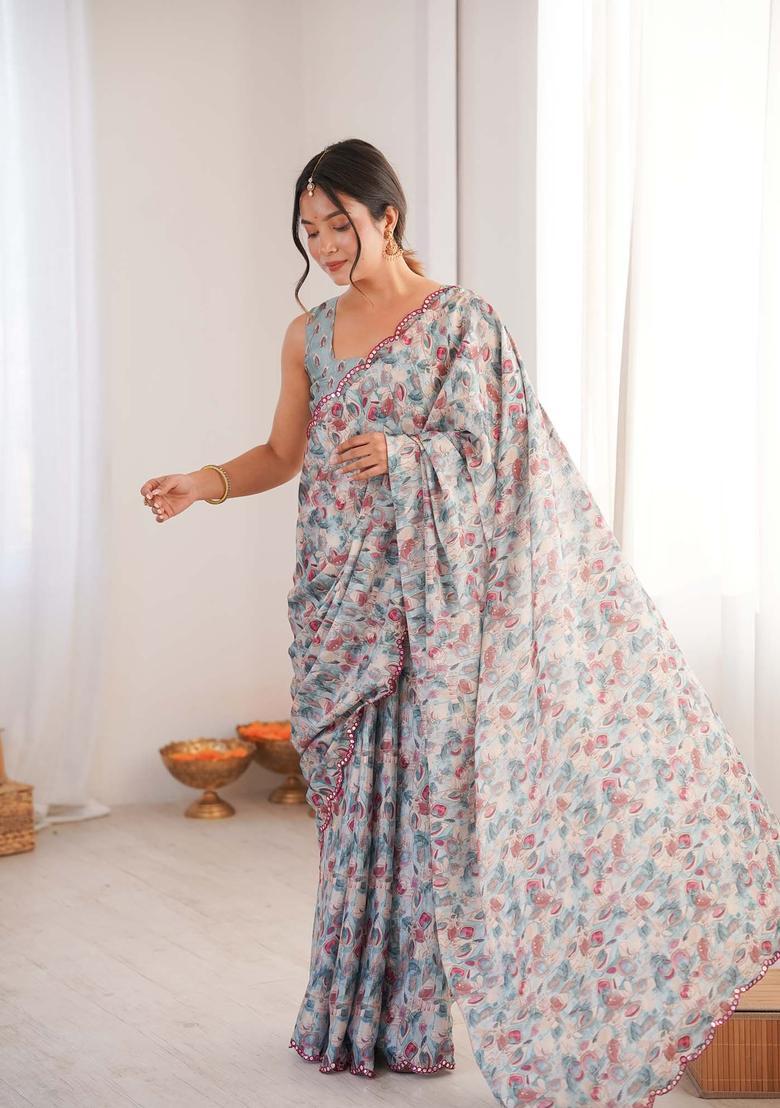 Multicolor Printed Chinon Saree Set - Indya