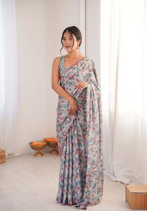 Multicolor Printed Chinon Saree Set