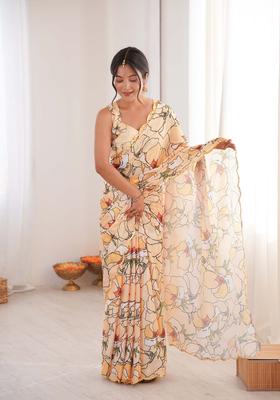 Peach Floral Print Chinon Saree Set