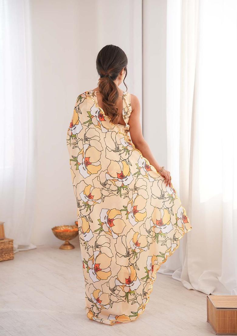 Peach Floral Print Chinon Saree Set - Indya