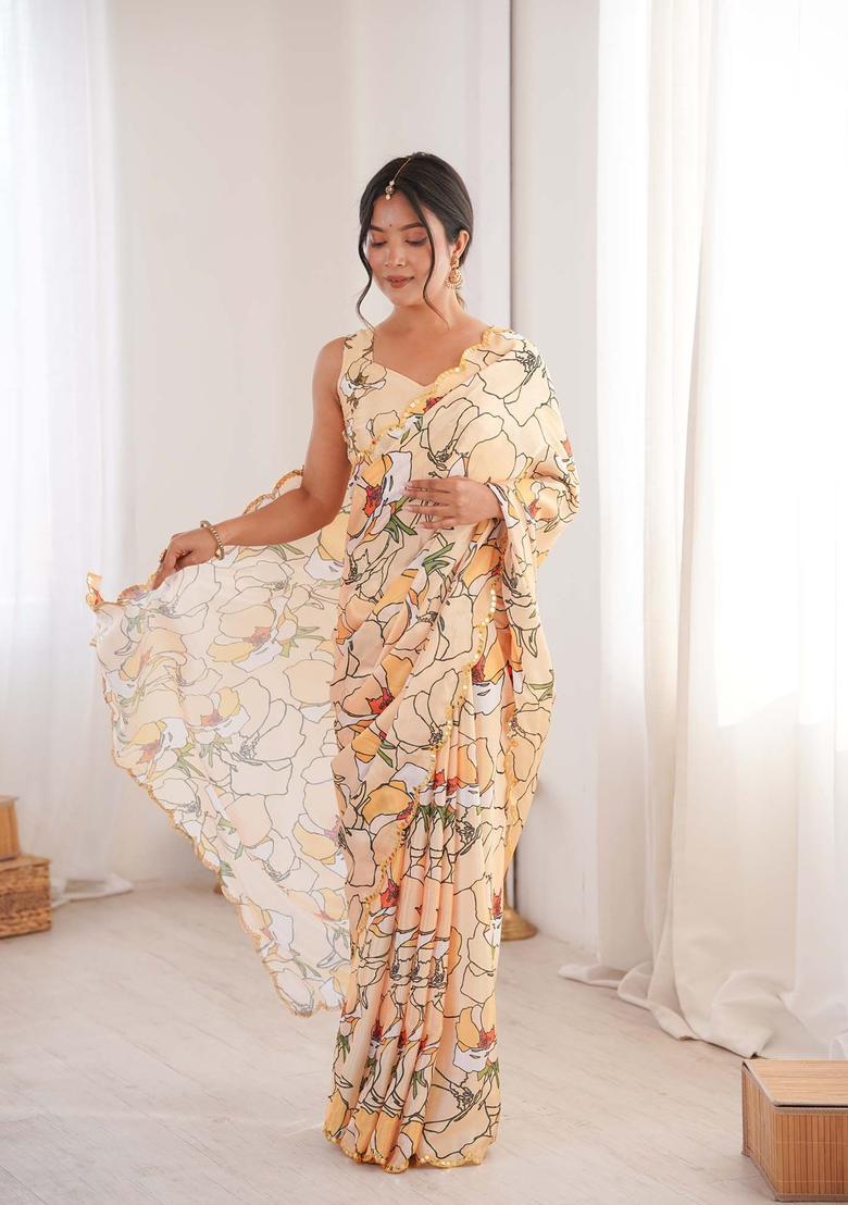 Peach Floral Print Chinon Saree Set - Indya