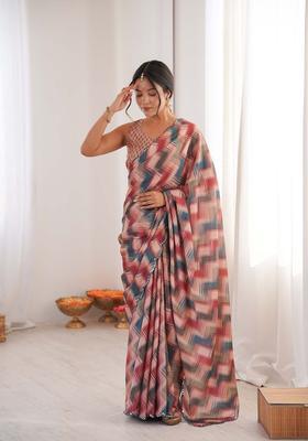 Multicolor Printed Chinon Saree Set