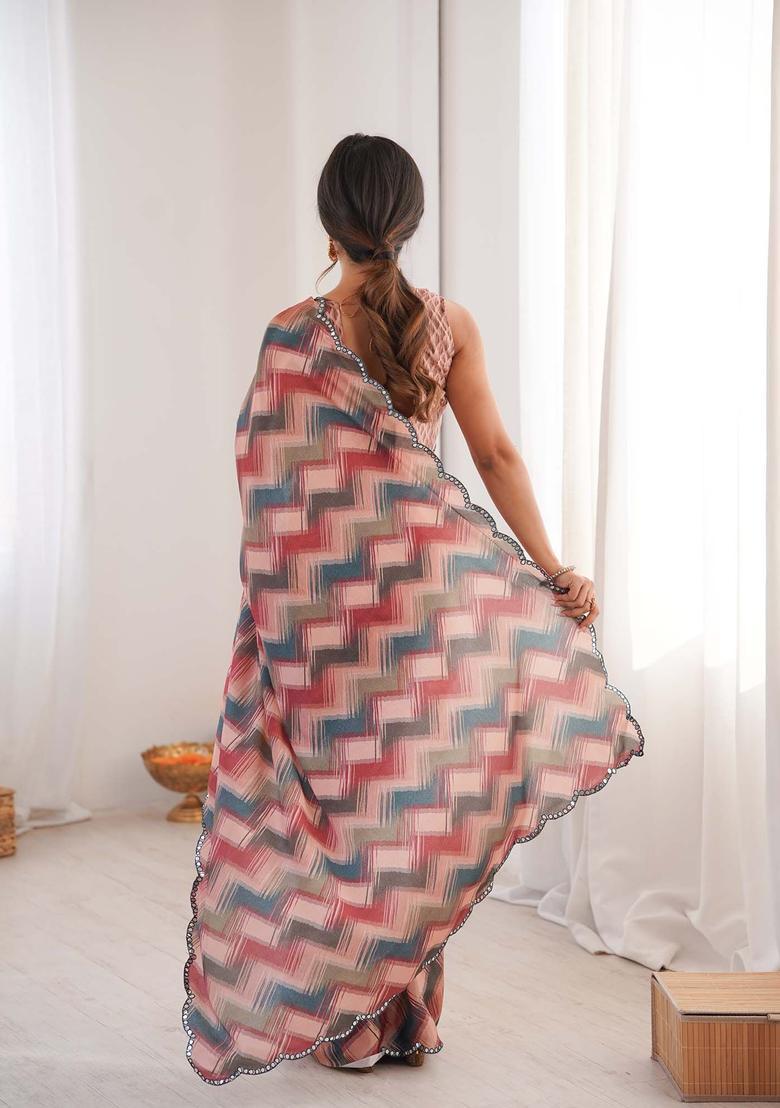 Multicolor Printed Chinon Saree Set - Indya
