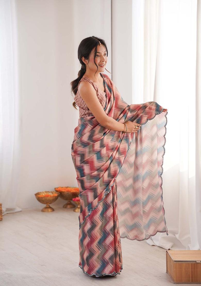 Multicolor Printed Chinon Saree Set - Indya