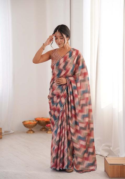 Multicolor Printed Chinon Saree Set