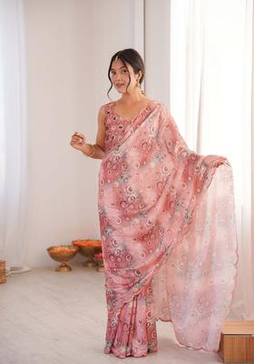 Pink Printed Chinon Saree Set