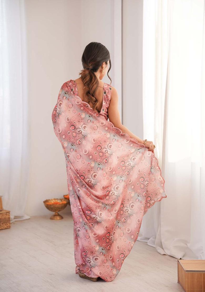 Pink Printed Chinon Saree Set - Indya