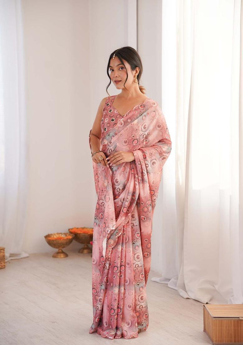 Pink Printed Chinon Saree Set - Indya