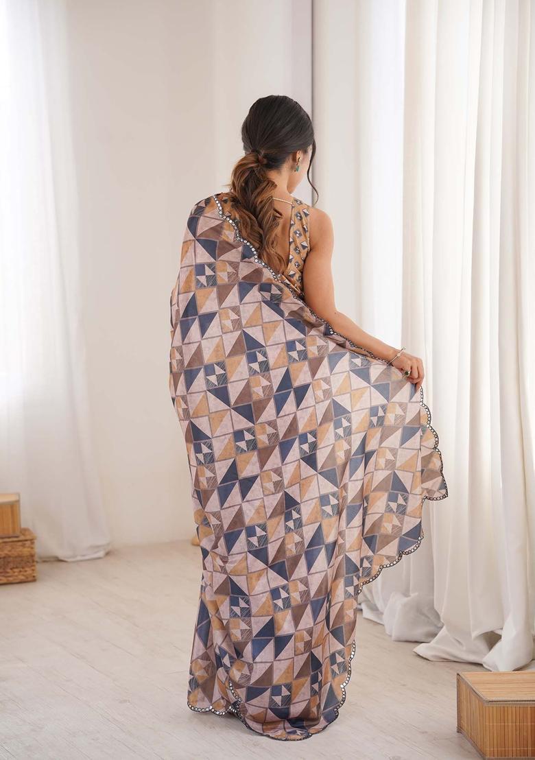 Multicolor Printed Chinon Saree Set - Indya