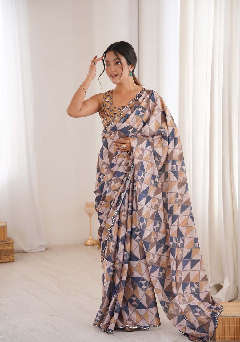 Multicolor Printed Chinon Saree Set - Indya