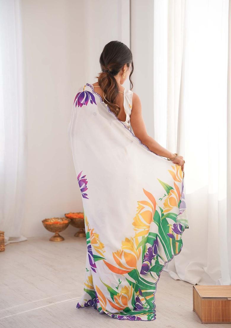 White Floral Print Chinon Saree Set - Indya