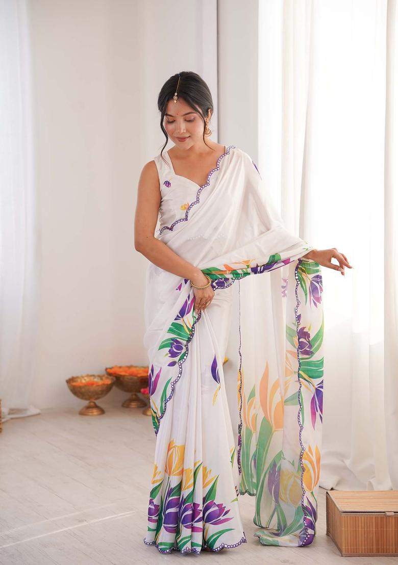 White Floral Print Chinon Saree Set - Indya