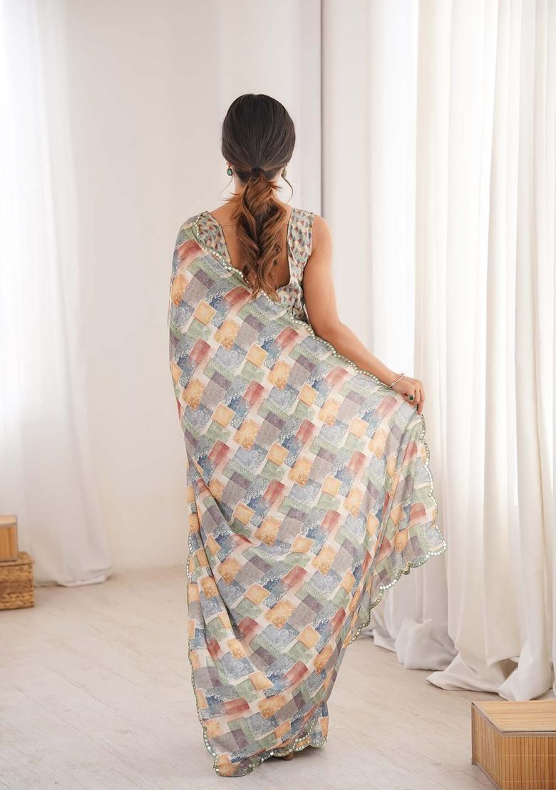 Multicolor Printed Chinon Saree Set - Indya