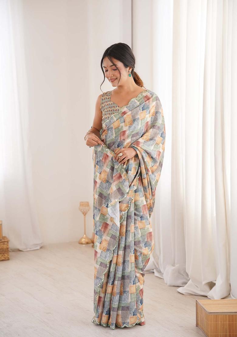 Multicolor Printed Chinon Saree Set - Indya