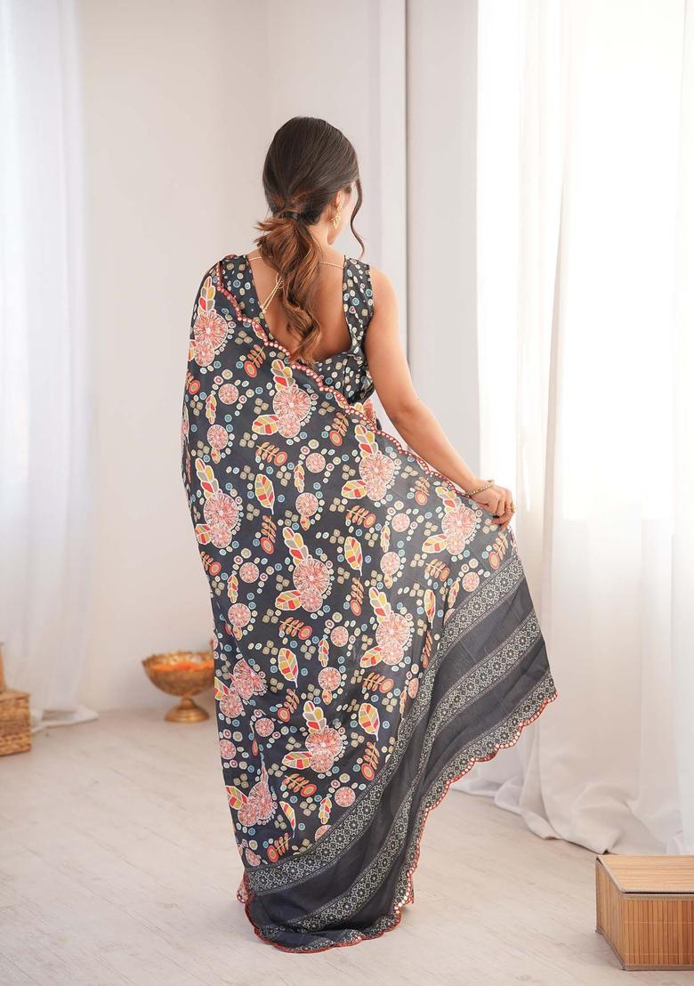 Black Floral Print Chinon Saree Set - Indya